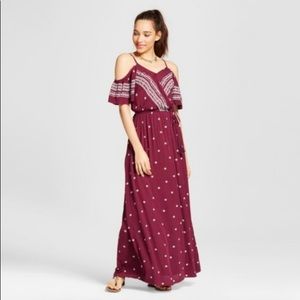 Xhilaration Maroon and White Patterned Cold Shoulder Maxi Dress